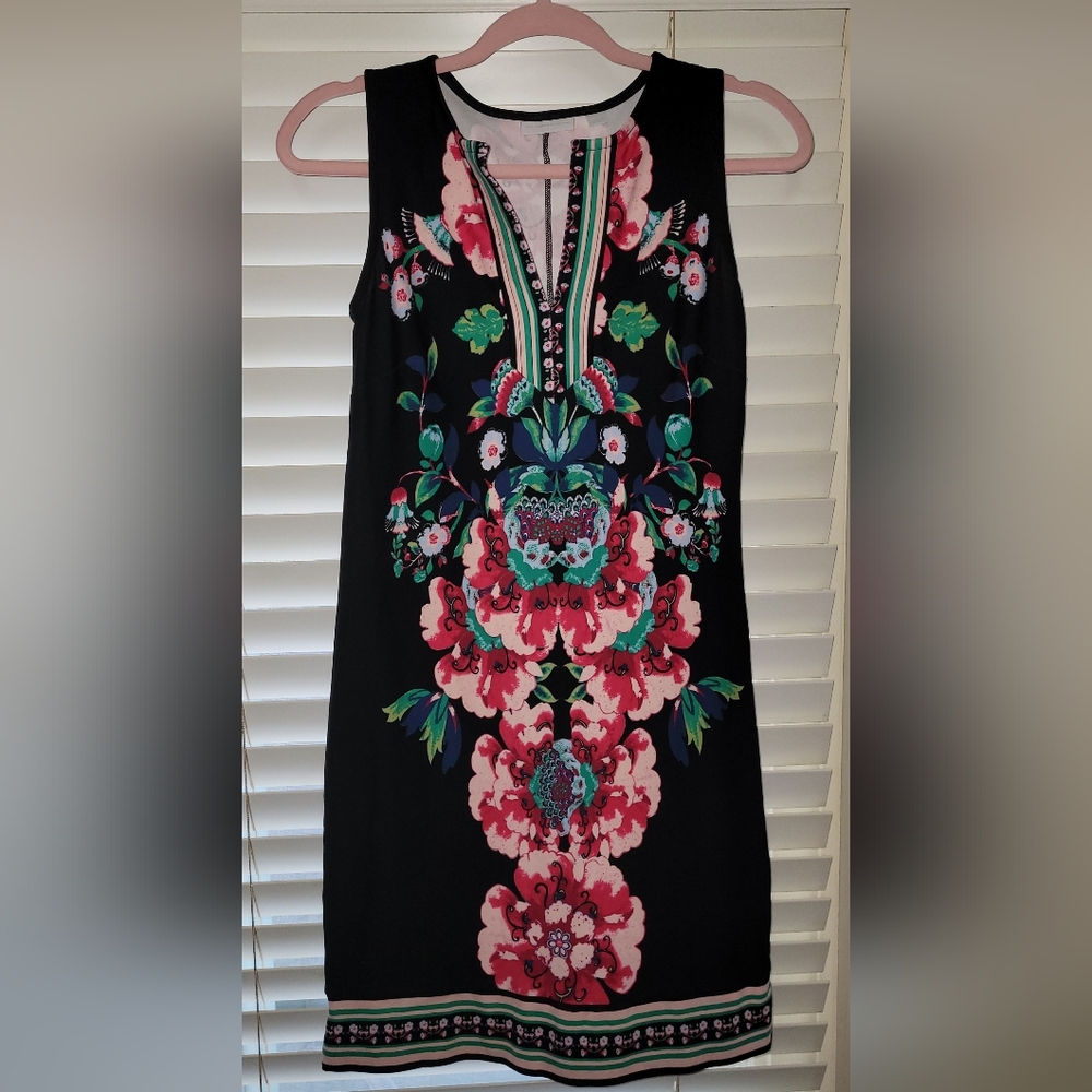 A Black Pink Green Floral Print Xs Summer Dress #4S